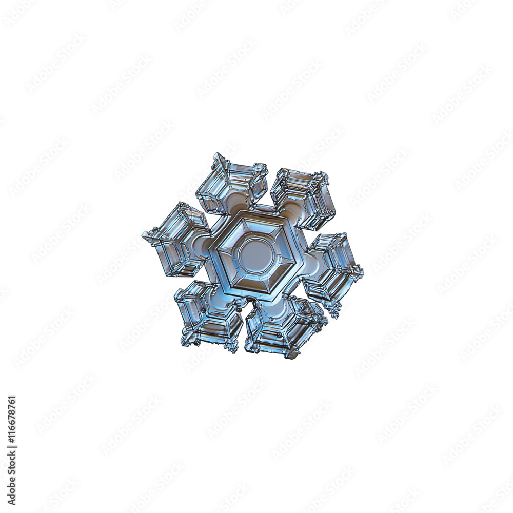 Snowflake isolated on white background. This is macro photo of real snow crystal with glossy surface, relief central hexagon and broad arms.
