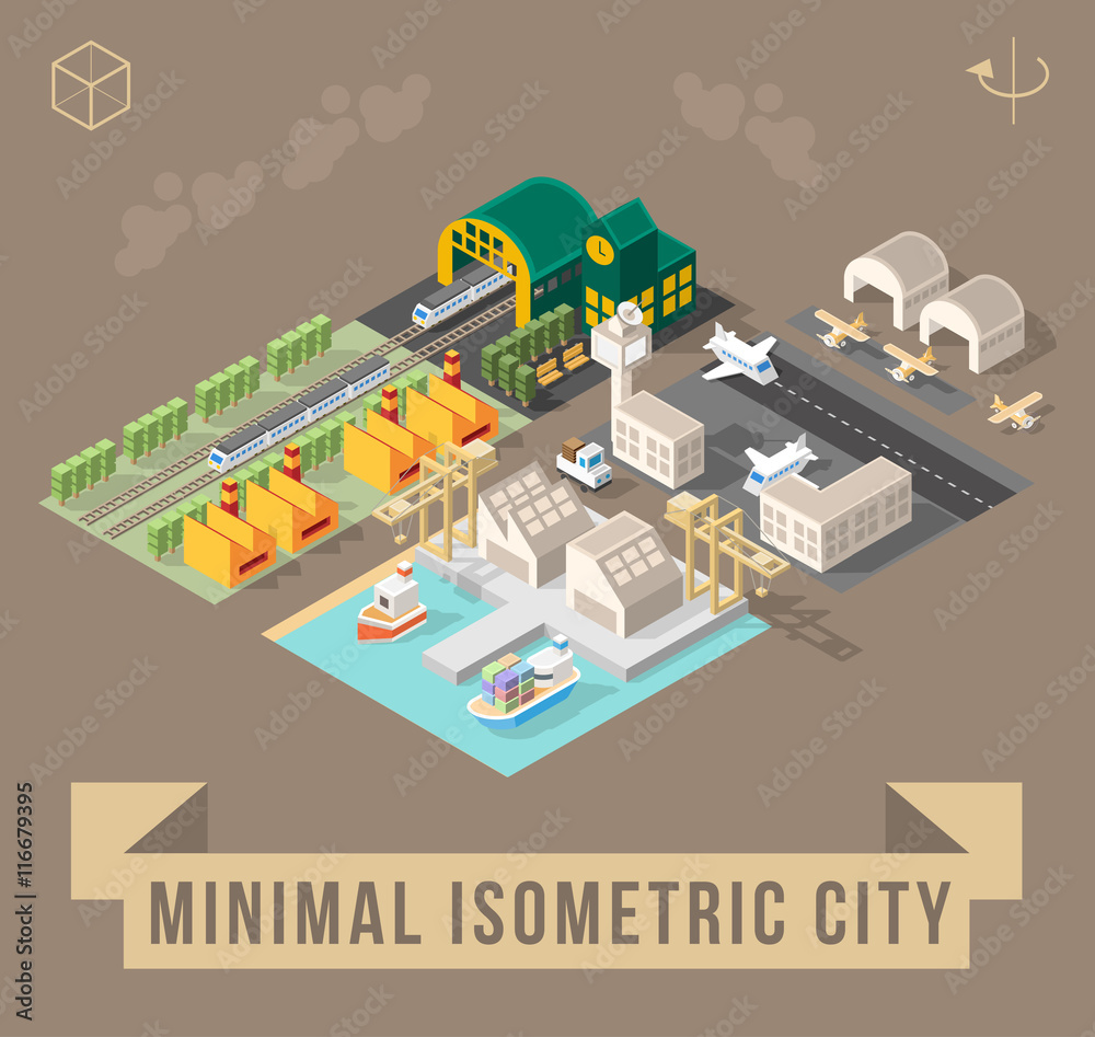 Set of Isolated Isometric Minimal City Elements. Town with Shadows on Dark Background.