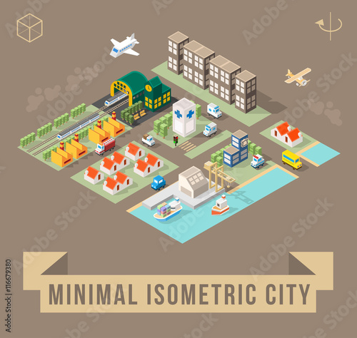 Set of Isolated Isometric Minimal City Elements. Town with Shadows on Dark Background.