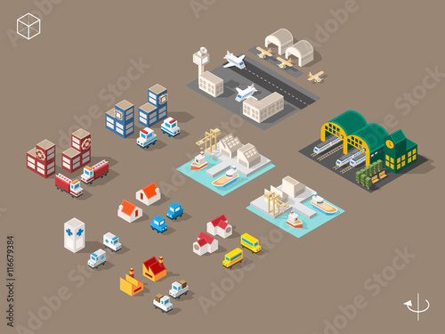 Set of Isolated Isometric Minimal City Elements. Buildings and Vehicles with Shadows.
