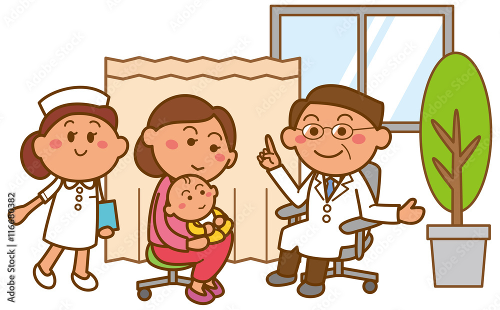 受診する赤ちゃんを抱えたお母さんと医者 看護師のイメージイラスト Stock Vector Adobe Stock