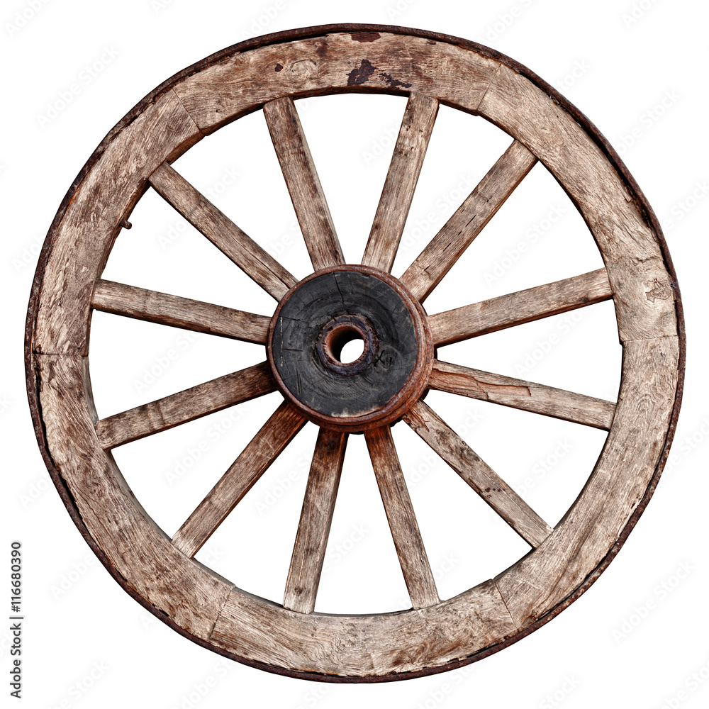 Old wooden wagon wheel on white background