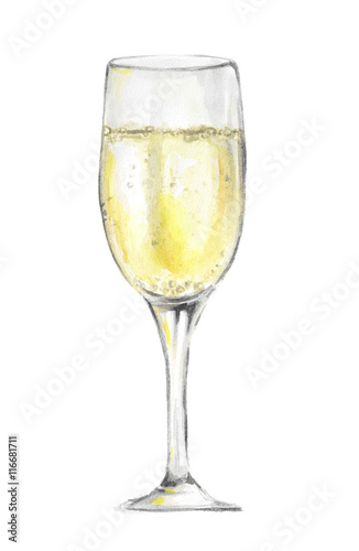 Isolated watercolor champagne glass on white background. Celebration or holiday drinking.