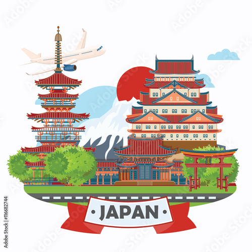 Gorgeous Japan travel poster - travel to Japan. Word - Japan in Japanese. Sentence - Land of the rising sun in Japanese words. Vector illustration with travel place and landmark.