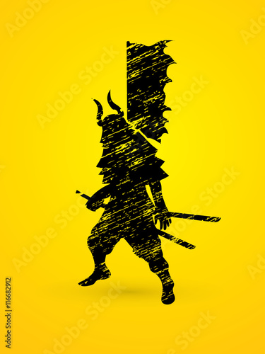 Samurai standing ready to fight designed using black grunge brush graphic vector.