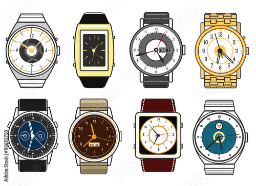 Vector hand watches on white background. Different style watch icons