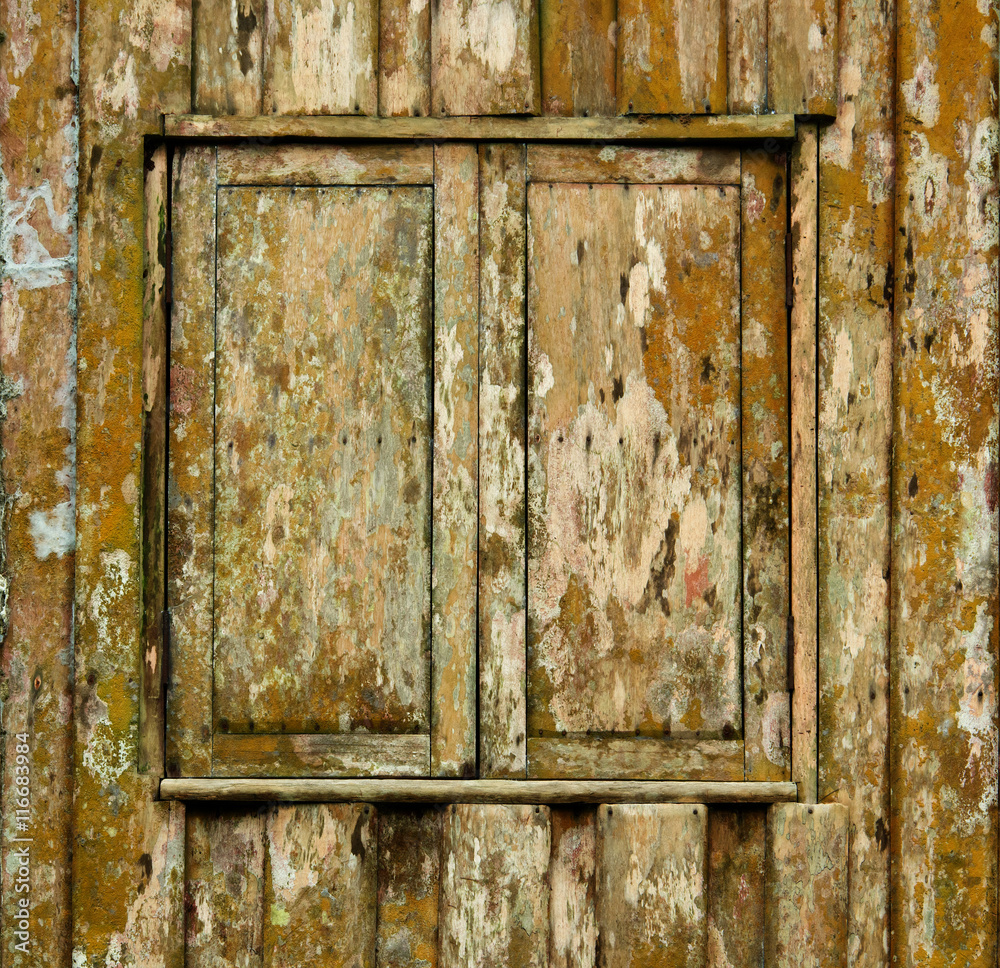 Shuttered window of old wooden house