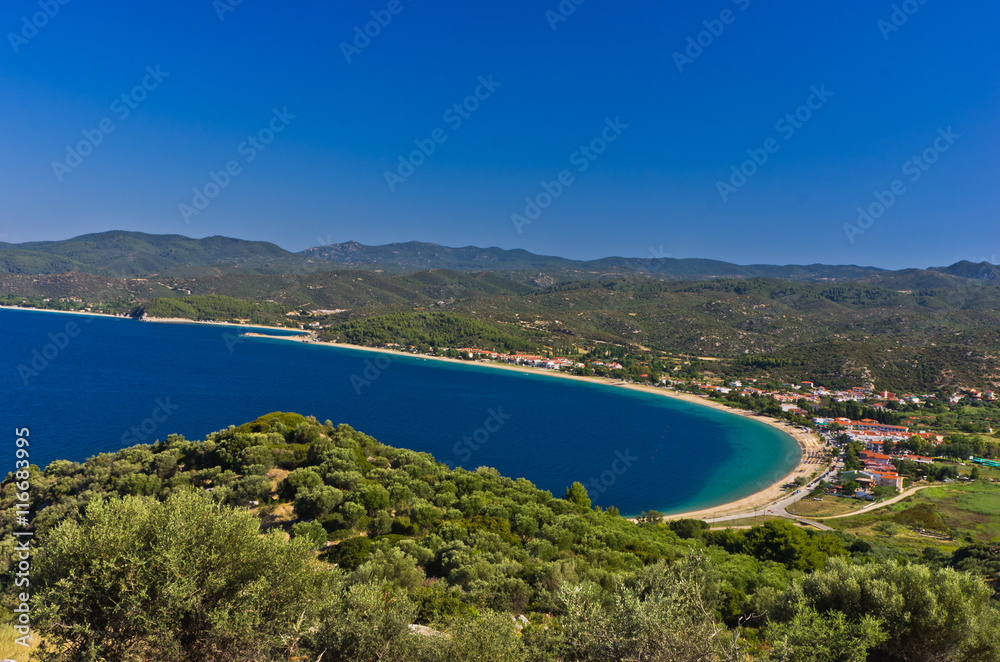 View of Toroni bay, aerial photo at morning from the top of a hill, Sithonia, Greece