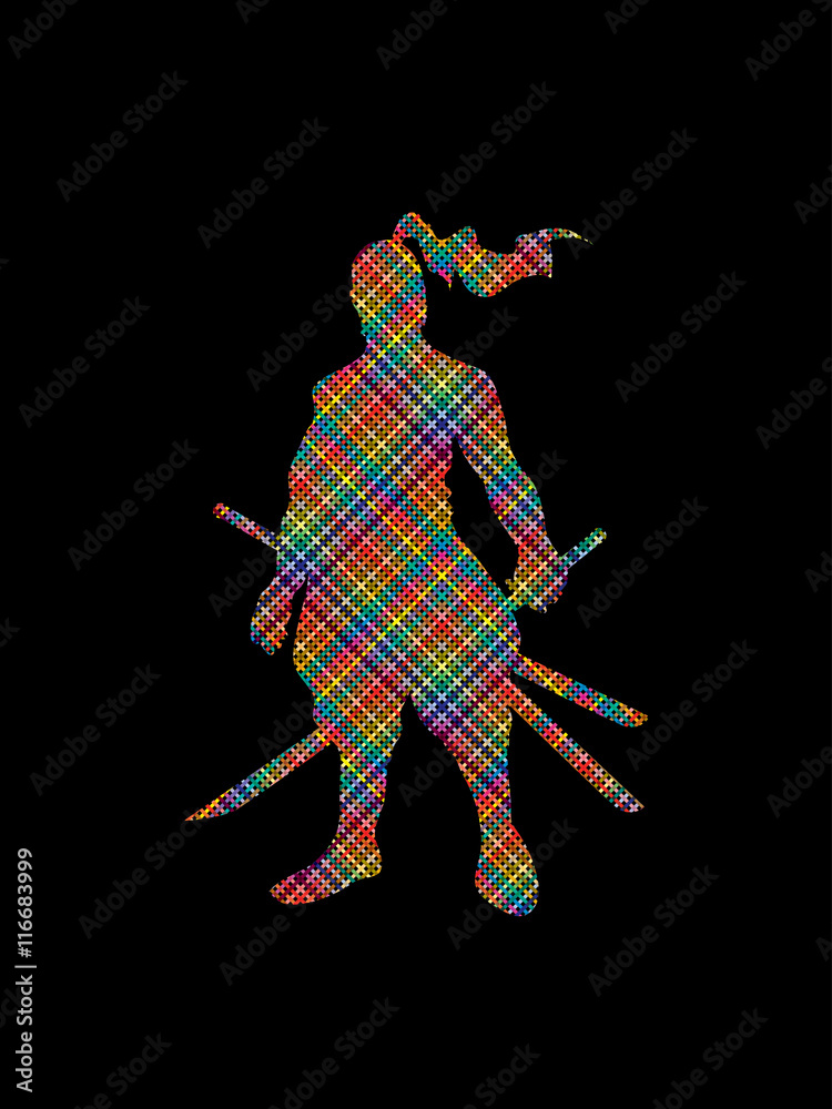 Samurai standing ready to fight designed using colorful pixels graphic vector.