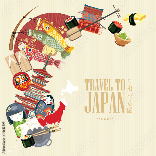 Gorgeous Japan travel poster - travel to Japan. Word - Japan in Japanese. Sentence -  Land of the rising sun in Japanese words. Vector illustration with travel place and landmark.