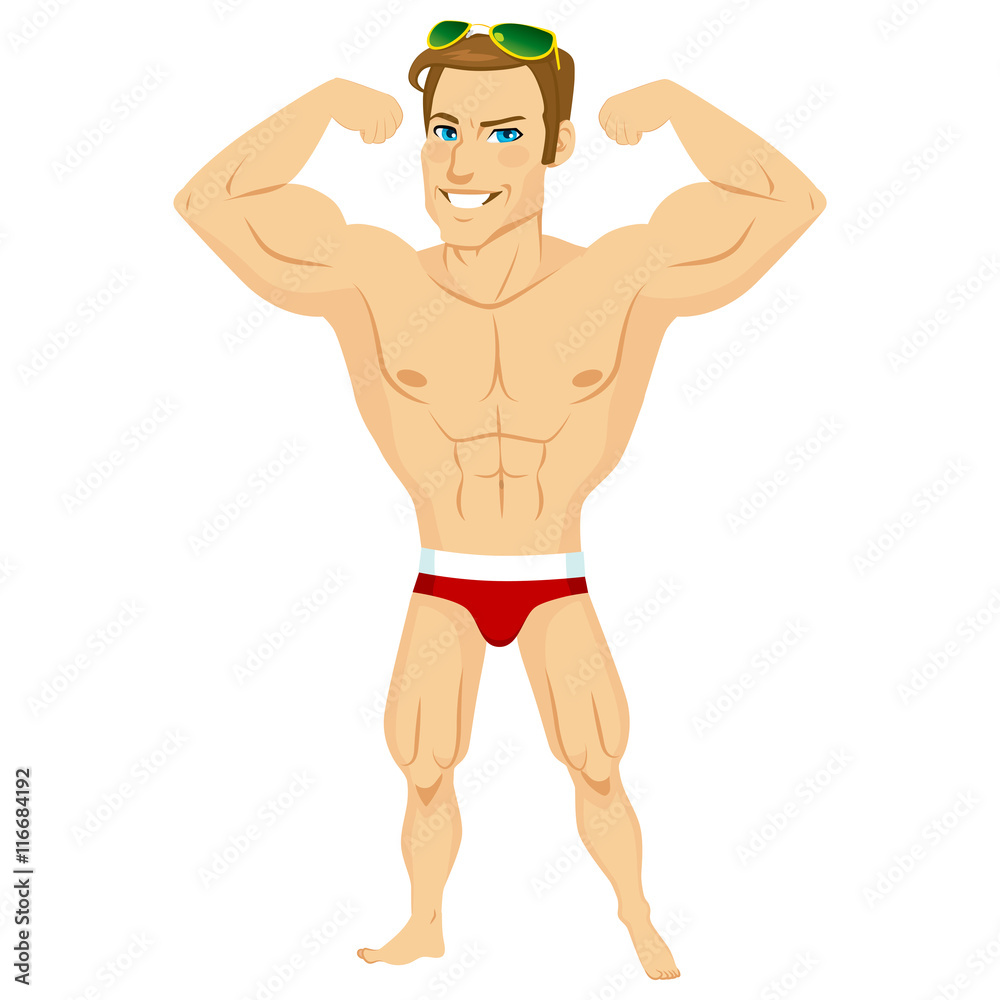 Muscle man with sunglasses and swimsuit showing his big biceps