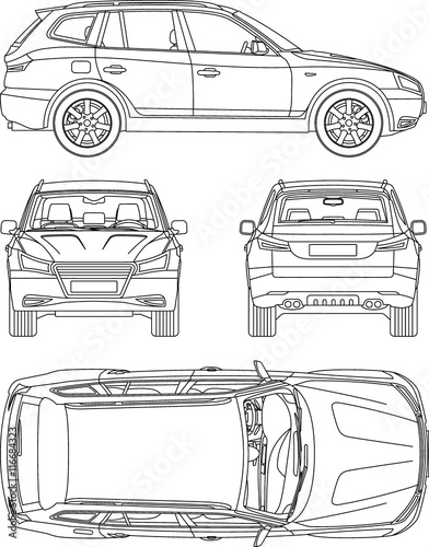 Car suv, 4x4, line draw, rent damage, condition report form blueprint, all view, top, side, front