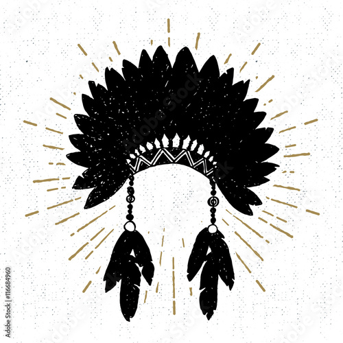 Hand drawn tribal icon with a textured headdress vector illustration.