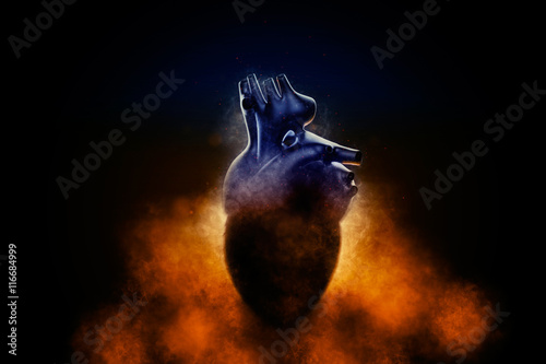 Abstract human heart in a smoke on a black background. 3D illustration