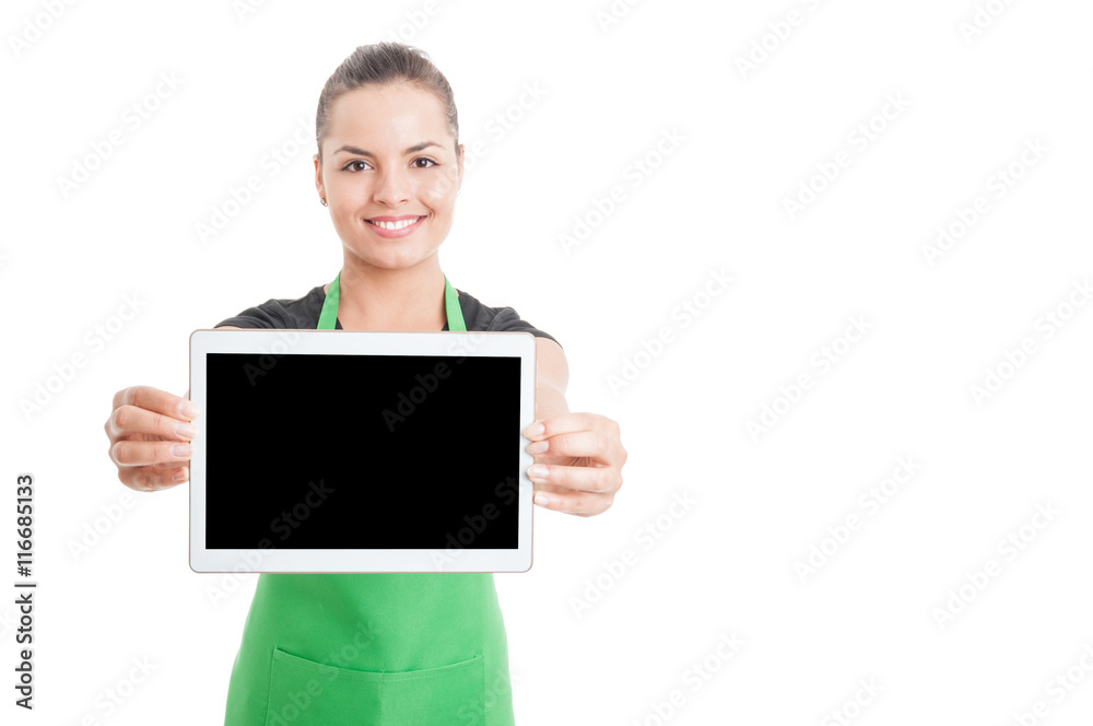 Smiling beautiful employee showing tablet with empty screen