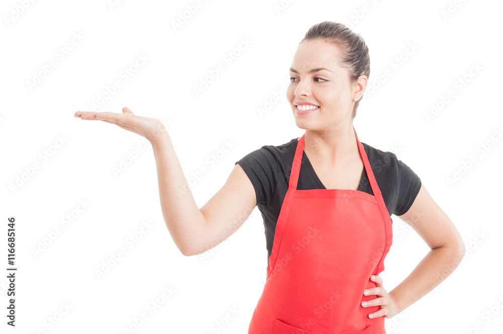 Attractive employee showing shomething on her palm Attractive employee showing shomething on her palm