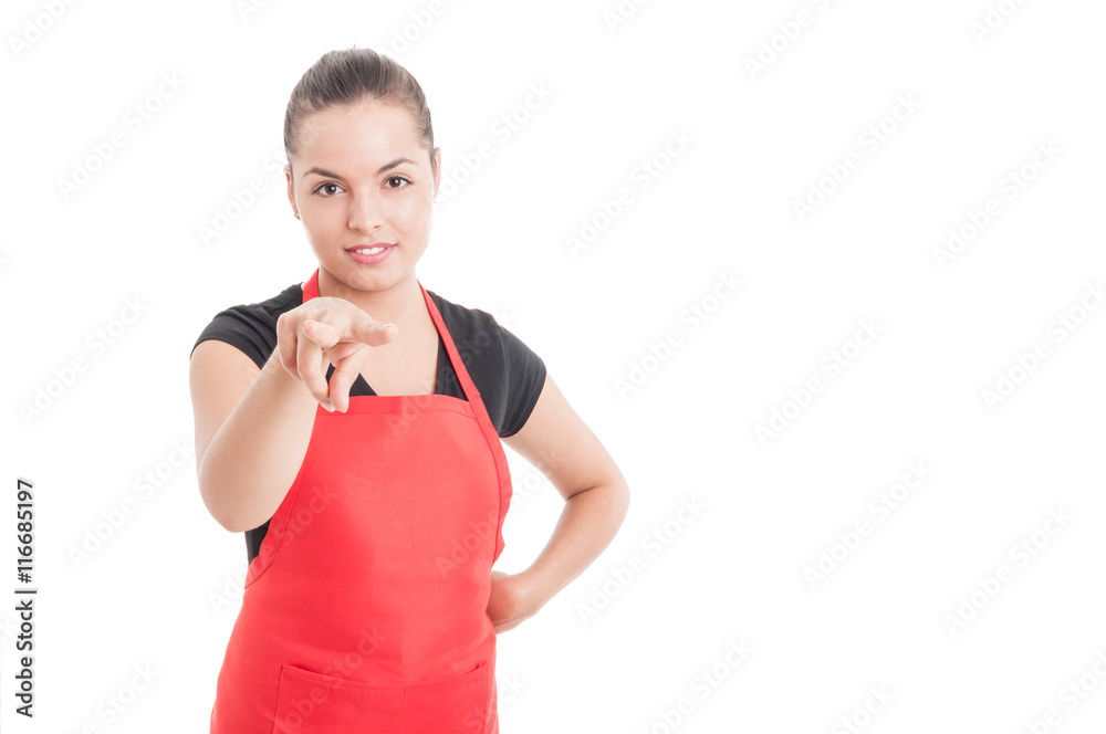 Attractive female supermarket seller supervising you Attractive female supermarket seller supervising you