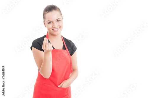 Young cheerful employee doing a rich gesture