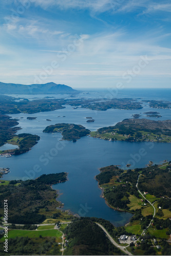 View on scandinavian fjords from airplane