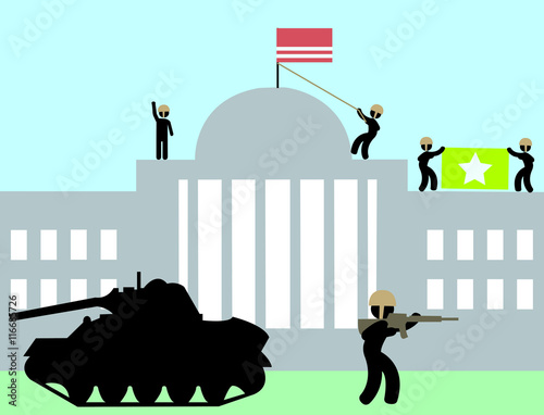 Illustration Putsch; Machtergreifung; Soldaten; Militär; Panzer; Flagge; Gewehr; Helm; Gebäude