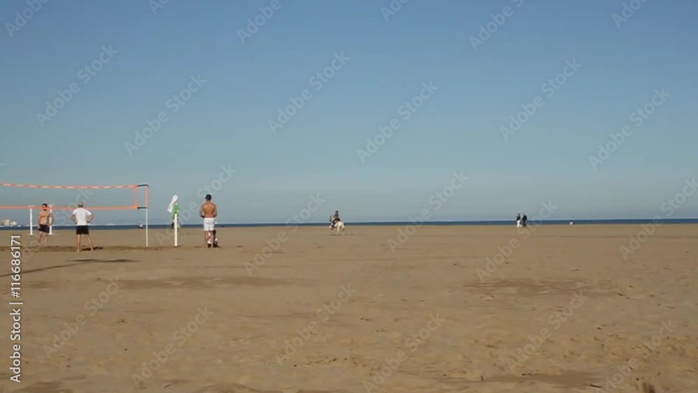 LR Pan on horse rider and people playing volleyball on the beach LR Pan on horse rider and people playing volleyball on the beach