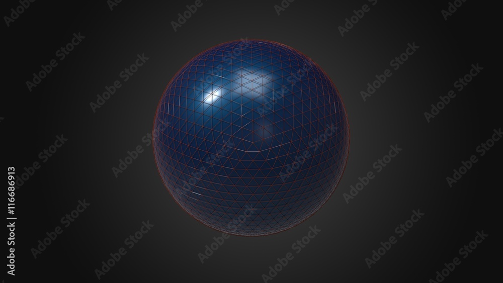 Abstract 3d rendering of blue sphere with triangle structure. Background with wireframe and globe in empty space. Futuristic shape.