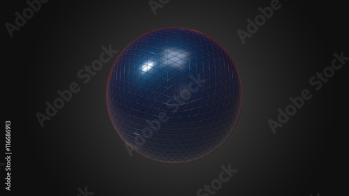 Abstract 3d rendering of blue sphere with triangle structure. Background with wireframe and globe in empty space. Futuristic shape.