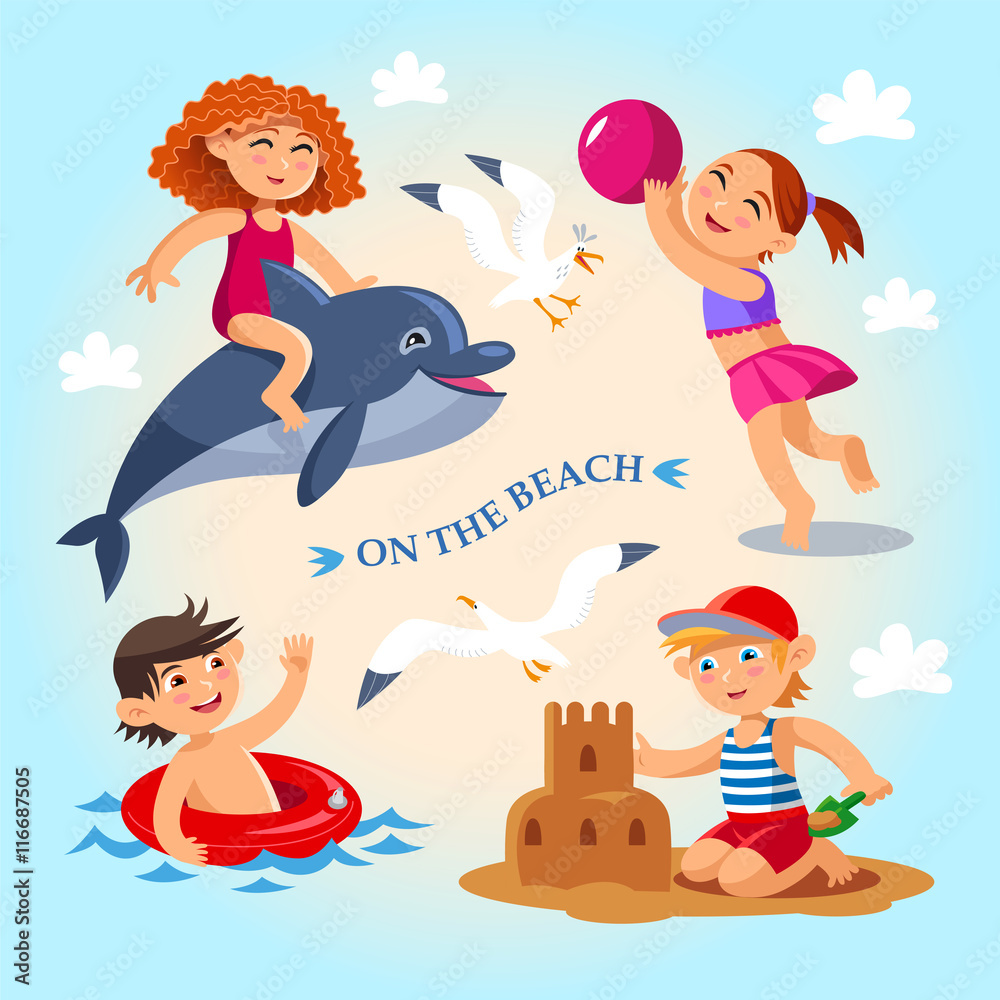 summer child's outdoor activities on the beach. Happy childhood. Vector set  on a blue background in cartoon style Stock Vector | Adobe Stock
