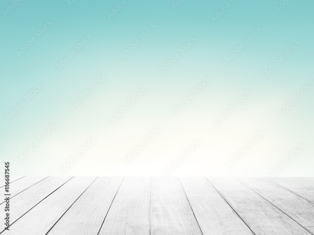 Soft focus clouds sky background with old wood floor. Blur blue pastel sunlight day time backdrop. Abstract blurred on vacation summer ocean beach. Wooden stage for watching nature. Open view heaven.