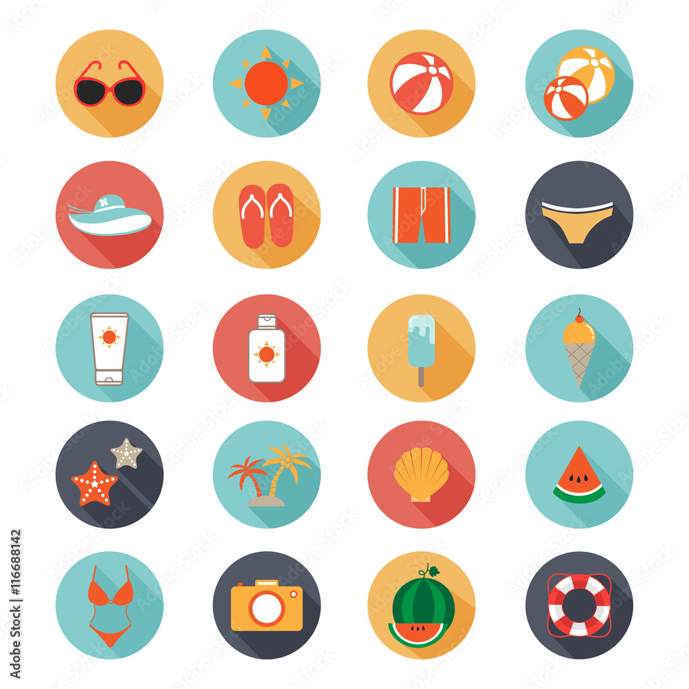 flat icons vector collection with long shadow of traveling, tour