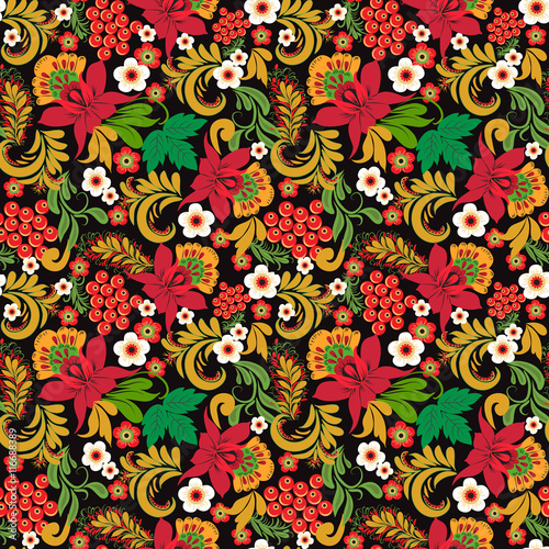 Floral seamless pattern ornaments on black background photo