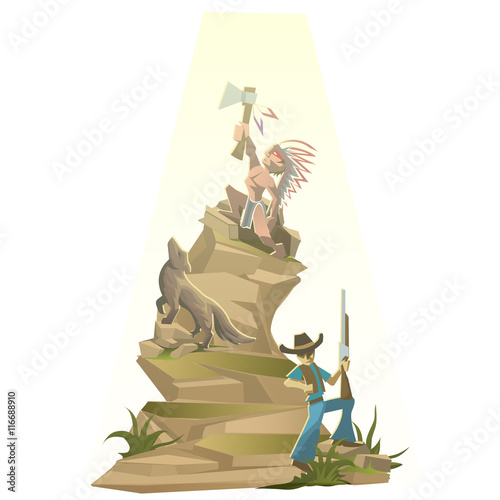 Indian with tomahawk on mountain top