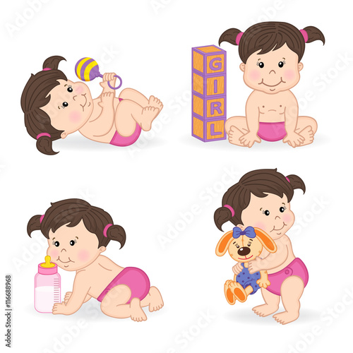 set of isolated baby girl in different positions - vector illustration, eps