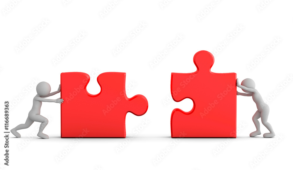 Two toon men connect two puzzle pieces. Concept of business solution, teamwork Two toon men connect two puzzle pieces. Concept of business solution, teamwork