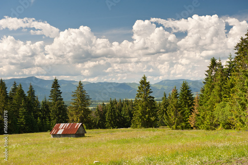 Meadow in summer with small white house in Western Tatras. Low Tatras and cloudy sky. photo