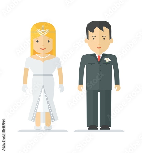 Happy young newlywed couple. Family and harmonious relationship. Objects isolated on white background. Flat cartoon vector illustration.