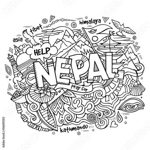 Nepal country hand lettering and doodles elements