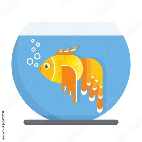 Goldfish live in a glass aquarium with blue transparent waters. Objects isolated on white background. Flat cartoon vector illustration.