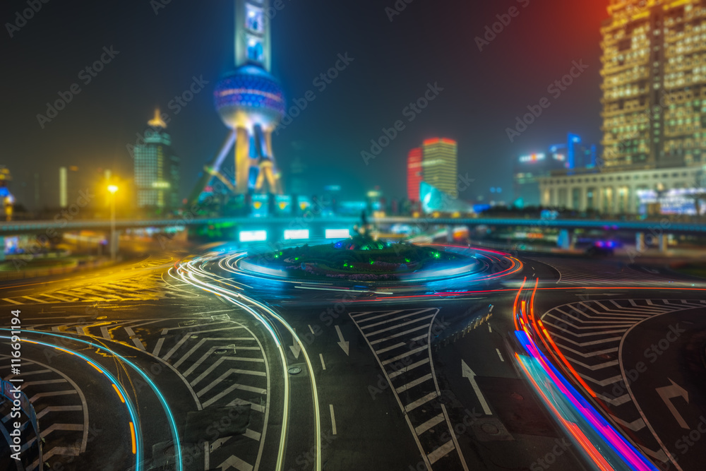 Fototapeta premium light trails at downtown district,shanghai china.