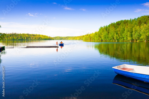 Solovki. landscape lake wooden boat day, fishing