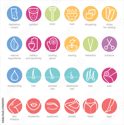 Thin lines web icon set - Depilation and epilation. Sugaring, waxing, photoepilation, hair removing. Allergy, skin irritation, pain icons.