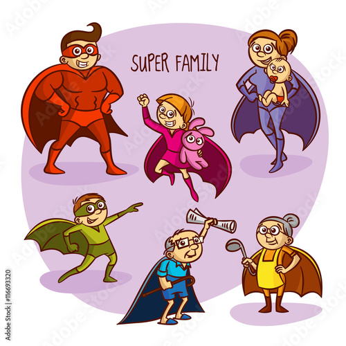Super Family Superheroes Kids Vector Illustartion