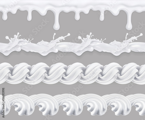 Milk, whipped cream, sweet glaze. Seamless pattern. Graphic elements vector set, mesh