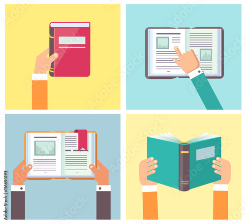 Book readers concept illustration with hands holding books. Template for public library, vector poster or banner