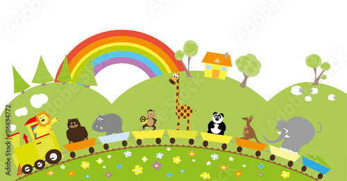 cute wild animals on the cartoon train  rural background with hills  trees and sheeps and rainbow
