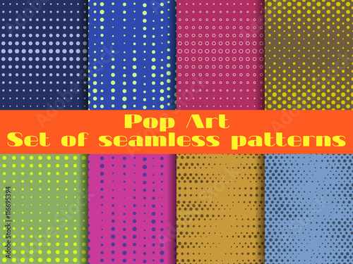 Dotted, Pop Art seamless pattern background. Set vector illustration.
