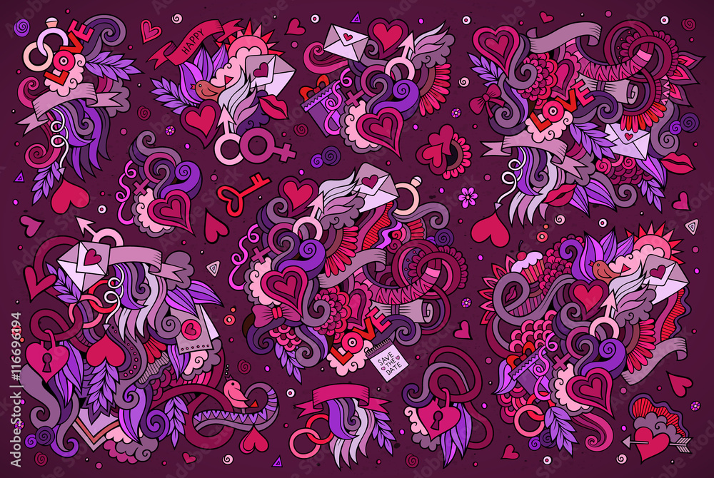 Naklejka premium Colorful vector hand drawn doodles cartoon set of Love