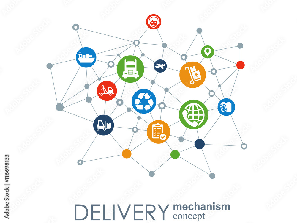 Delivery mechanism concept. Abstract background with connected gears and icons for logistic, service, strategy, shipping, distribution, transport, market, communicate concepts. Vector interactive. Delivery mechanism concept. Abstract background with connected gears and icons for logistic, service, strategy, shipping, distribution, transport, market, communicate concepts. Vector interactive.