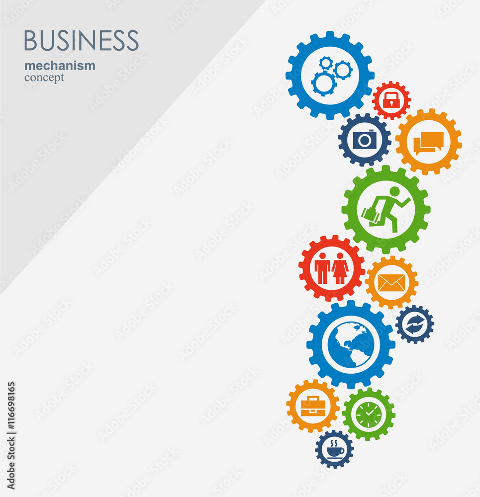 Business mechanism concept. Abstract background with connected gears and icons for strategy, service, analytics, research, seo, digital marketing, communicate concepts. Vector infographic illustration Business mechanism concept. Abstract background with connected gears and icons for strategy, service, analytics, research, seo, digital marketing, communicate concepts. Vector infographic illustration