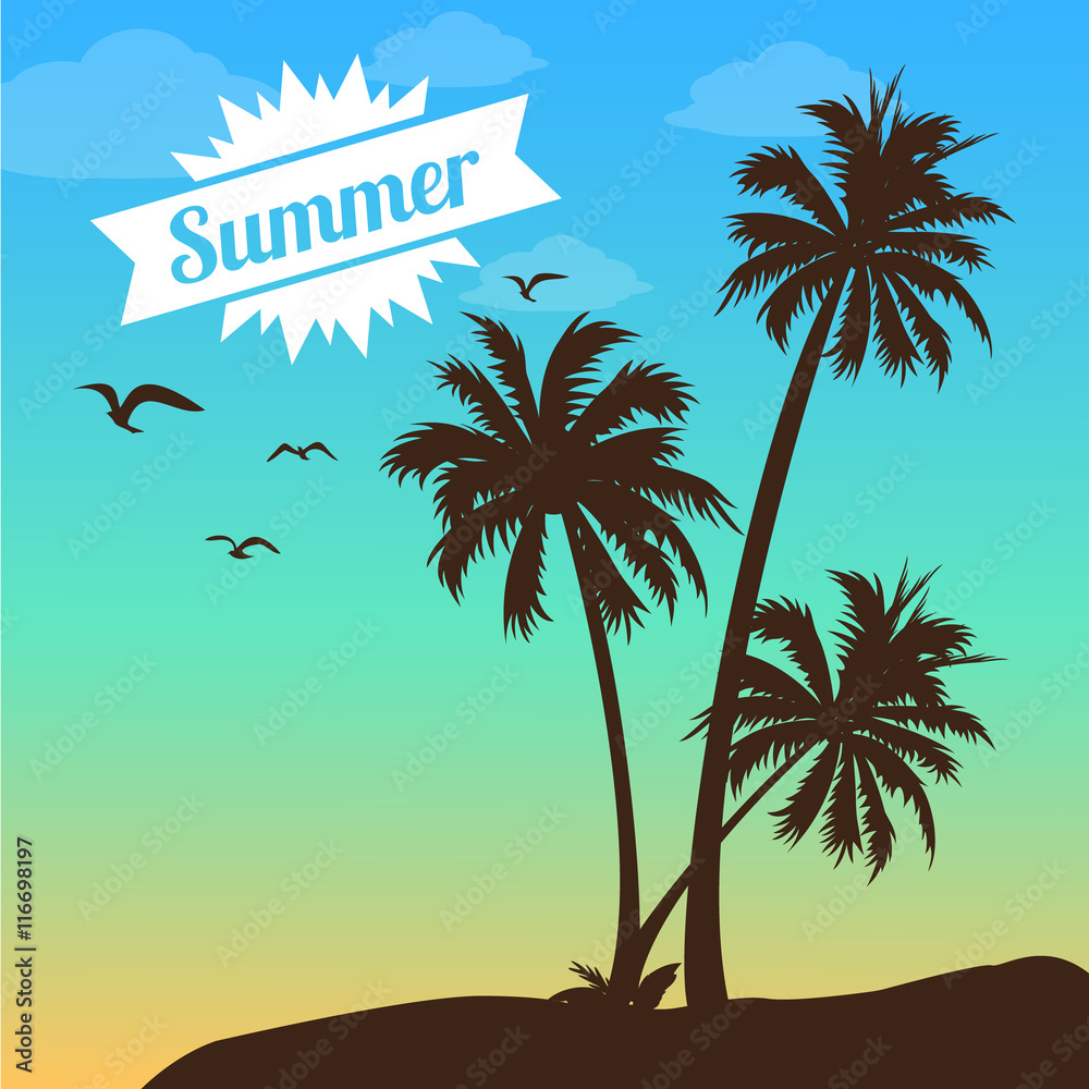 Fototapeta premium Illustration of the beach and ocean with palm trees and sailing. Summer time.